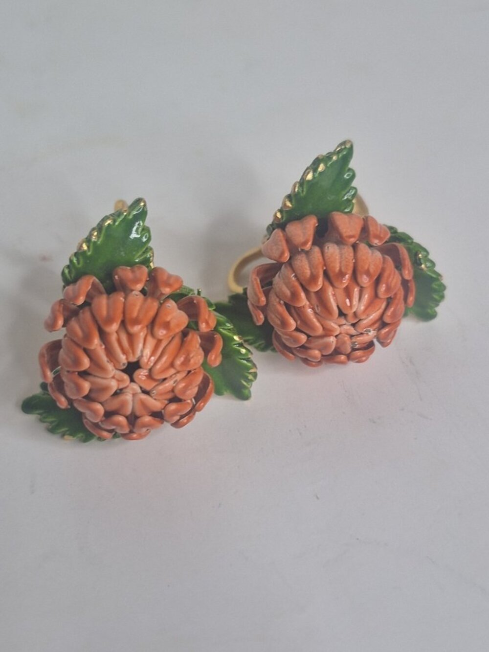 Orange Artichoke Flower Enameled Vintage Clip Earrings Gold Tone